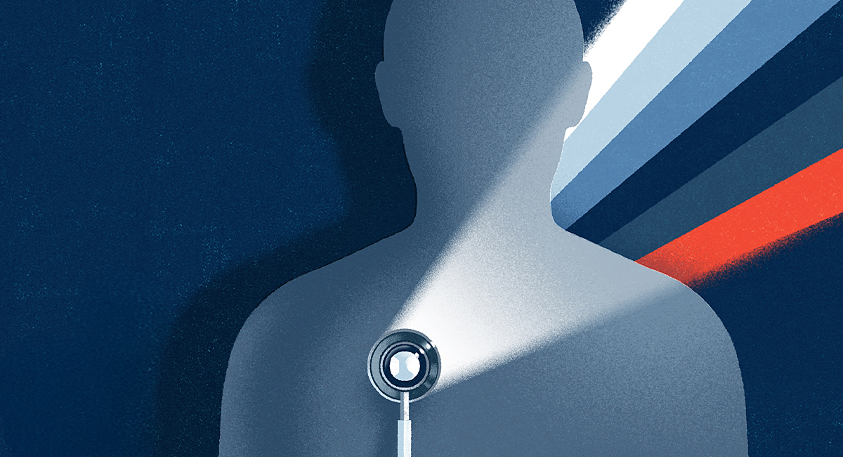 Illustration of a stethoscope shining a beam of light onto a silhouette